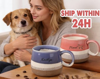 Custom Engraved Mug with Dog Portrait, Personalized 14oz Coffee Cup with Name, Handmade Minimalist Mug Gift, Sympathy Keepsake for Dog Mom