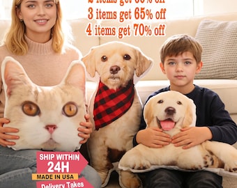May include: People holding plush pillows shaped like a cat and two dogs. The dog pillows have a red and black bandana and a smiling face. The text on the image says "2 items get 60% off, 3 items get 65% off, 4 items get 70% off."