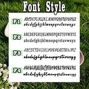 May include: A white rectangular chart titled Font Style displaying four distinct black typeface options labeled F1, F2, F3, and F4. Each label includes both uppercase and lowercase letters of the alphabet in a specific script or print style.
