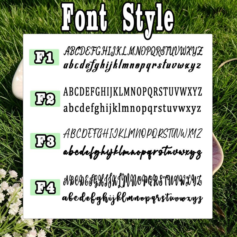 May include: A white rectangular chart titled Font Style displaying four distinct black typeface options labeled F1, F2, F3, and F4. Each label includes both uppercase and lowercase letters of the alphabet in a specific script or print style.