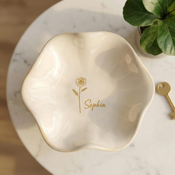 Personalized Birth Flower Ring Dish for Mother's Day, Custom Ceramic Trinket Tray with Initial, Engraved Bestie Name Jewelry Holder Keepsake