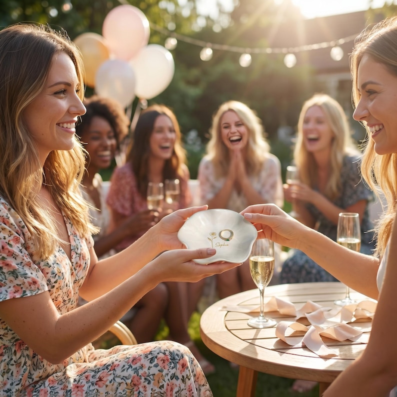 May include: A small, white, scalloped-edge ceramic ring dish featuring a gold-colored line drawing of a flower and the name Sophie written in gold script. The dish is held between two sets of hands in an outdoor setting with blurred party decor.