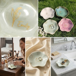 May include: A collection of scalloped, flower-shaped ceramic trinket dishes in various colors including pale green, white, teal, and pink. Each dish features a gold-colored floral illustration and a personalized name such as Emily or Sophia.