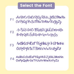May include: Four different font styles are displayed in purple on a light yellow background. Each font style is labeled with a number, F1 through F4, and includes the alphabet in lowercase letters.