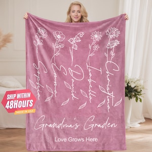 Custom Birth Flower Blanket, Personalized Grandma&#39;s Graden Blanket with Grandkids Name, Gift for Grandma, Mother&#39;s Day Gift, Family Gift
