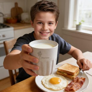 May include: A beige mug with a floral design and the name "Hyrina" is held up in front of a breakfast plate. The plate contains a fried egg, bacon, and a sandwich. The mug appears to be filled with milk.