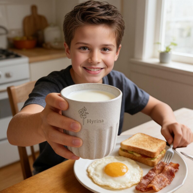 May include: A beige mug with a floral design and the name "Hyrina" is held up in front of a breakfast plate. The plate contains a fried egg, bacon, and a sandwich. The mug appears to be filled with milk.