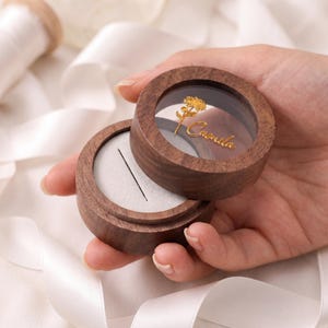 Personalized Engraved Birth Flower Ring Box, Custom Name Wooden Ring Holder, Wedding Proposal Ring Holder, Graduation Keepsake Jewelry Case