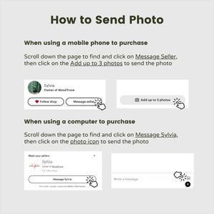 May include: A guide titled "How to Send Photo" with instructions for sending photos on a mobile phone and a computer. The guide includes screenshots with highlighted steps, such as clicking "Message Seller" and "Add up to 3 photos."