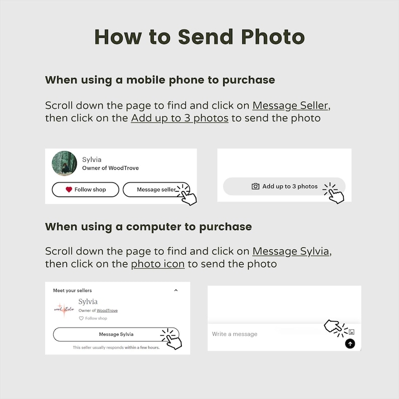 May include: A guide titled "How to Send Photo" with instructions for sending photos on a mobile phone and a computer. The guide includes screenshots with highlighted steps, such as clicking "Message Seller" and "Add up to 3 photos."