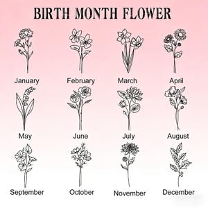 May include: A pink gradient background with the text "BIRTH MONTH FLOWER" at the top. Below are twelve line drawings of flowers, each labeled with a month from January to December. Each flower represents a birth month.
