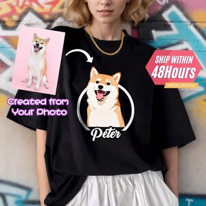 Custom Funny Pet Photo Shirt, Personalized Pet Portrait T-shirt with Name, Pet Cartoon Portrait Tee, Pet Owner Shirt, Pet Lover Gift