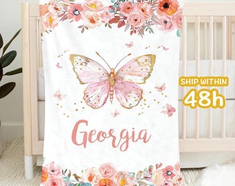 Custom Name Blanket for Baby Girl, Personalized Floral Butterfly Baby Blanket, Kid Name Blanket, Toddler Girl Blanket, Newborn Girl Gift