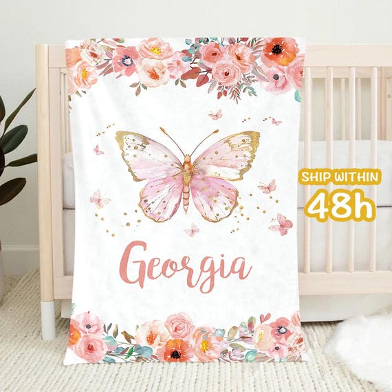 Custom Name Blanket for Baby Girl, Personalized Floral Butterfly Baby Blanket, Kid Name Blanket, Toddler Girl Blanket, Newborn Girl Gift