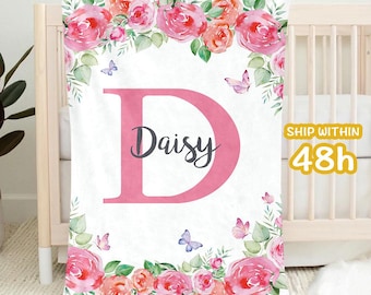 Custom Baby Blanket with Initial Name, Personalized Floral Monogram Blanket, Baby Girl Blanket with Name, New Baby Gift, Kid Christmas Gift