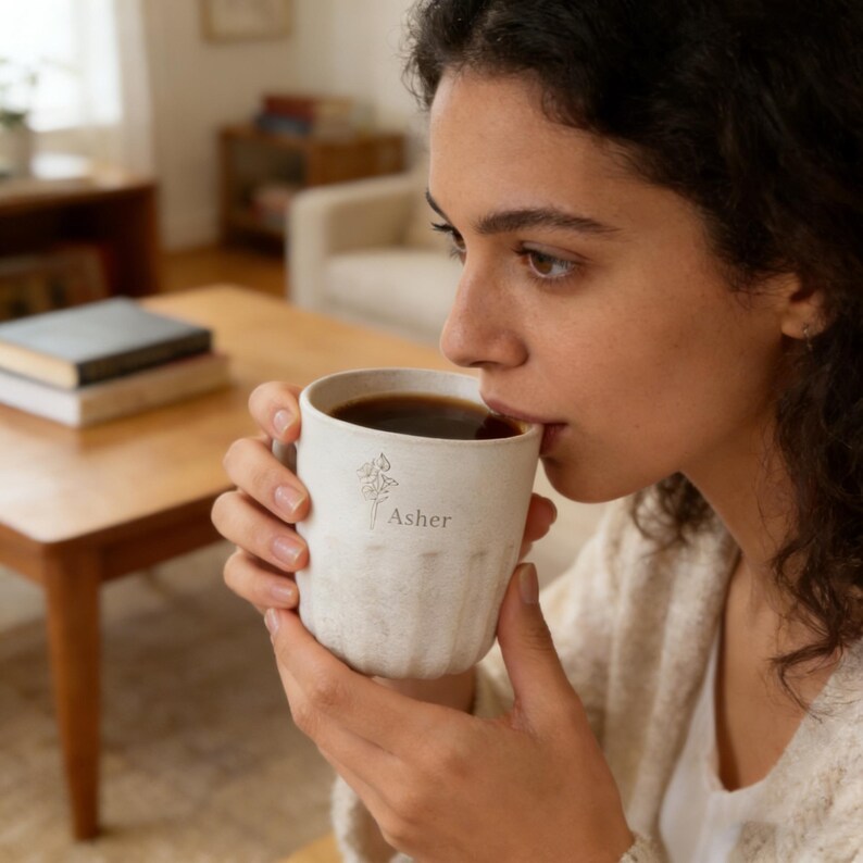 May include: A white ceramic mug with a fluted design, filled with dark coffee. The mug features a floral design and the name "Asher" printed on the side. The mug is being held by a person.