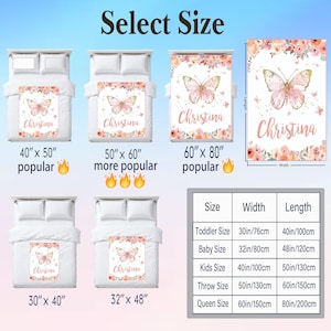 May include: A personalized butterfly blanket with the name "Christina" in a script font. The blanket features a pink butterfly design and floral accents. Available in various sizes, including 40" x 50", 50" x 60", and 60" x 80".