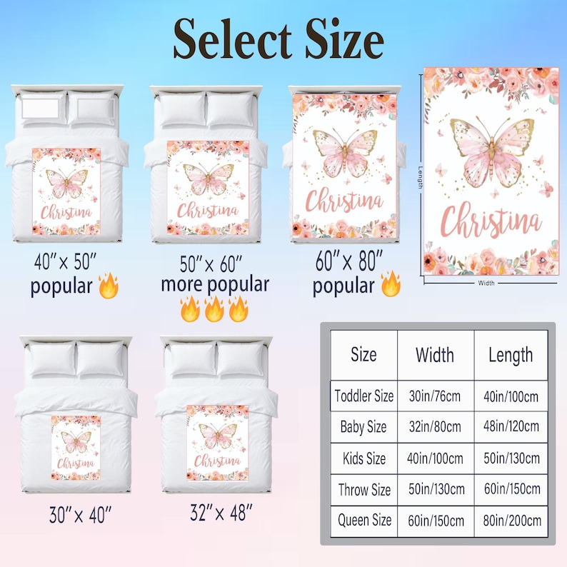 May include: A personalized butterfly blanket with the name "Christina" in a script font. The blanket features a pink butterfly design and floral accents. Available in various sizes, including 40" x 50", 50" x 60", and 60" x 80".