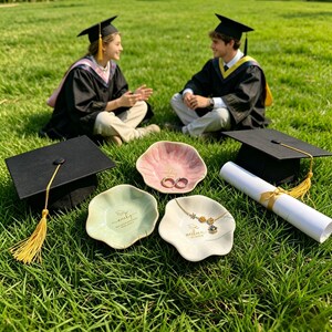 Puede incluir: Escena tem&aacute;tica de graduaci&oacute;n con dos personas con toga sentadas en la hierba. Varios platos decorativos peque&ntilde;os est&aacute;n dispuestos sobre la hierba, algunos con anillos y joyas. Tambi&eacute;n hay un diploma y un birrete.