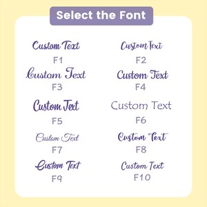 May include: A graphic with the text "Select the Font" at the top. Below are ten font options labeled F1 through F10, each displaying the words "Custom Text" in a different style. The background is a light yellow.