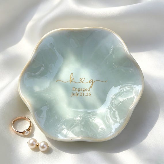 Engraved Initial Ring Dish, Custom Ceramic Jewelry Holder, Personalized Keepsake Gift for Newlyweds, Thoughtful Dish for Wedding Party