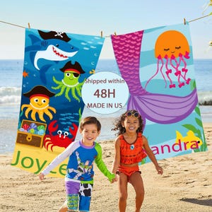 Custom Name Kids Beach Towels With Name,Personalized Monogrammed Beach Towels,Mermaid Beach Towels For Girls,Sea Animal Themed Beach Towels