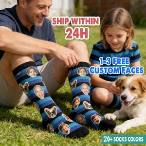 May include: Custom socks with faces printed on them. The socks have a black base with blue stripes and feature multiple faces. The socks are being worn by a person. The image also includes a child and a dog.