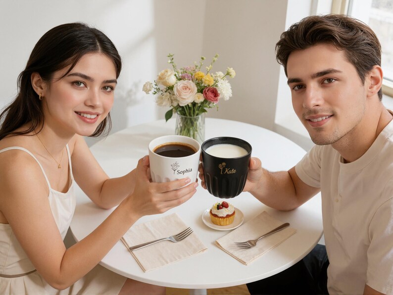 May include: A white mug with the name "Sophia" and a black mug with the name "Kate" are held by two people. The white mug contains dark liquid, and the black mug contains a white liquid. A small cupcake and flowers are on the table.