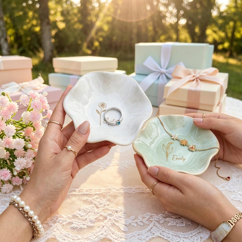 May include: Two scalloped ceramic trinket dishes, one white with a gold rose illustration and one pale green with a gold floral design and the name Emily. The white dish holds a silver ring, and the green dish holds a gold chain bracelet.