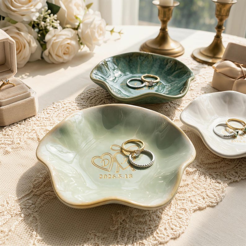 May include: A light green ceramic ring dish with a scalloped edge, featuring a gold-printed design of two hearts with the letters D and M inside, a bow, and the date 2026.5.18. Two gold-toned rings are resting inside the small, shallow bowl.