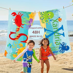 Custom Name Ocean Beach Towels,Personalized Monogrammed Beach Towels,Fun Pattern Swim Towel,Beach Towels Clearance,Octopus And Crab Designs