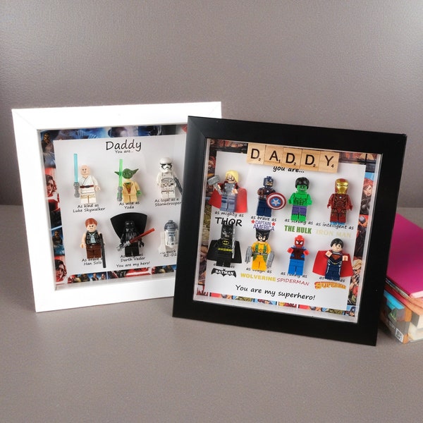 Superhero Father's Day Gift, Minifigure Photo Frame, Gift for Him, New Dad Gift, Handmade Photo Frame Gift