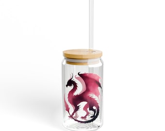 Pink Dragon Sipper Glass, Bamboo Lid, 16oz