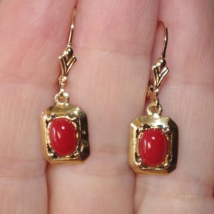 Italian 14K Gold Over Sterling Red Coral Square  Lever Back Earrings