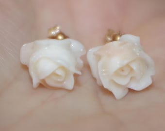 Antique Italian 14K Soft Pink White Coral Calibrated 15mm Carved Fancy Rose Stud Earrings