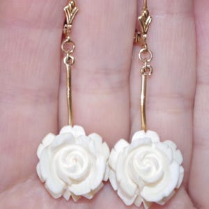 Vintage 1/20 14k Gold Filled White Carved Flower Elongated Coral Lever back Earrings