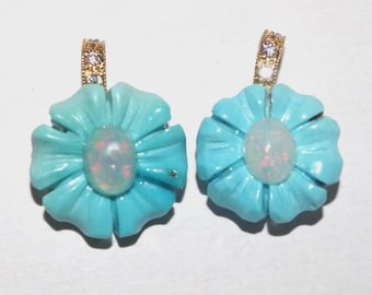 Rare Fire Ethiopian Opal Carved Sleeping Beauty Turquoise Flower 14k / Sterling pendent