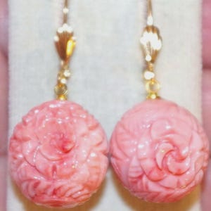 Handmade Angel Skin Carved Flower Molded Synthetic Coral Lever back Earrings