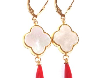 Mother of Pearl Four Leaf Clover Earrings: Red Coral Teardrops, 14k Gold Filled