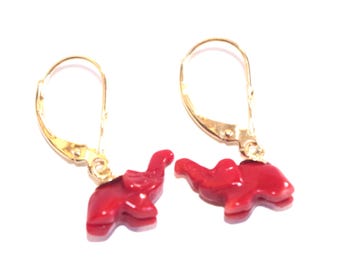 Rare Italian 14K Gold Red Coral Elephant Carvings Lever Back Earrings