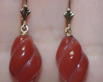 Antique 14K Carved Carnelian Swirl Lever back Earrings