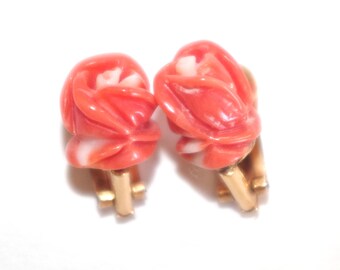 Antique Italian 18K Red Coral Calibrated 15mm Carved Fancy Rose clip on Stud Earrings
