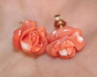Antique Italian 14K Red Coral Calibrated 16mm Carved Fancy Rose Stud Earrings