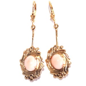 Vintage 1/20 14k Gold Filled Oval Pink Carved Elongated Coral Lever back Earrings