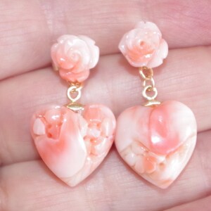 Carved Rose Coral Studs & 2-Sided Angel Skin Coral Heart Drop Jacket 14K Earrings BB