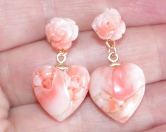Carved Rose Coral Studs & 2-Sided Angel Skin Coral Heart Drop Jacket 14K Earrings BB