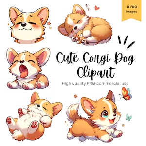 Clipart chien Corgi mignon, Illustrations de chien, téléchargement immédiat PNG, fond Transparent, Clipart pour animaux de compagnie, lot de cliparts Animal, clipart chiot