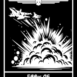 Op de afbeelding: Zwart-witte illustratie van twee straaljagers die naar een grote explosie vliegen. De tekst "500kg of Managed Democracy" staat onder de afbeelding.