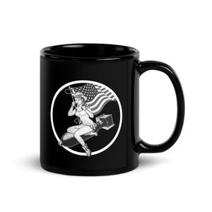 WW2 BOMBER Girl Nose art Black Glossy Mug, History Gifts For Him Gifts on Mug, WW2 D-Day Gifts, World War 2 Gifts, WW2 Mug, WW2 Coffee Mug,