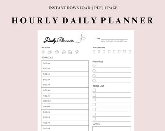 May include: A black and white printable daily planner with sections for scheduling, priorities, to-do list, and notes. The planner includes a weather icon section and a water intake tracker.